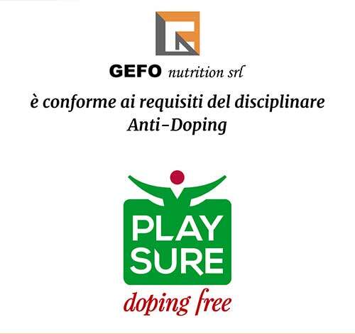 La GE.FO. nutrition Srl è conforme ai requisiti del disciplinare Anti-Doping PLAY SURE "DOPING FREE"